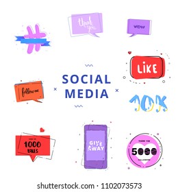 Social media set of  banners with lettering isolated on white background. Like, 5K followers, Follow me, 1000 likes, Thank you. Giveaway phrases. Elements for public channels. Vector illustration.