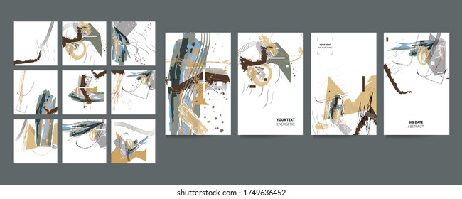 Para medios sociales Conjunto de ilustraciones creativas pintadas a mano para la decoración de paredes, postales o folletos con salpicaduras de pintura y líneas gráficas de color