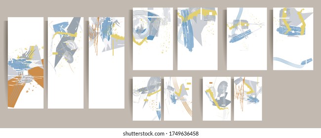 For social media Set of creative hand painted illustrations for wall decoration, postcard or brochure with paint splashes and color graphics lines