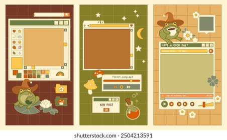 Social Media Set Design, Geschichten Vorlage mit niedlichen Frosch Magier. Feenhaft, witzig, goblincore ästhetik hintergründe pack. Alte Computerelemente, Fenster, Symbole.