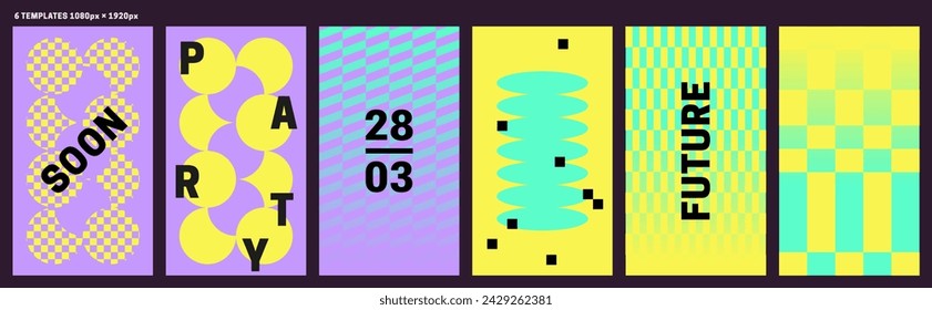 Social media set design. Template. Creative stories pack for event announcements. Set of playful Y2k backgrounds. Neo brutalism. Retro futurism, glitch, abstract shapes, Neon 