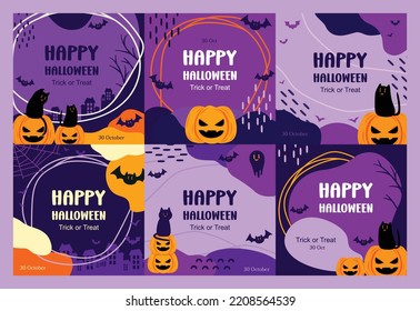 Social media set of editable post template for Halloween.
Pumpkin, cat, bat, ghost element and purple, orange, yellow color background for social media post and web internet ads. Vector illustration.