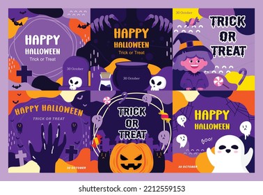 Social media set of editable post template for Halloween.
Pumpkin, cat, bat, ghost, zombie hand, witch, candy element and purple, orange, yellow color background. Vector illustration.