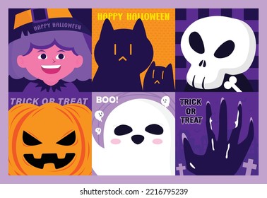 Social media set of editable post template for Halloween. Witch,  cat, skull, pumpkin, ghost, hand zombie background for social media post and web internet ads. Vector illustration.