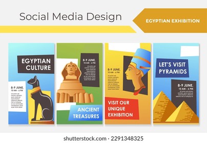Social media set for egyptian exhibition promo. Ancient treasure collection at network banner collection, vector illustration. Culture museum promo at online web banner