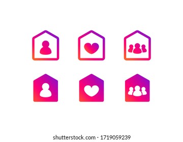 Social media set in support of self-isolation and staying at home. Distancing measures to prevent virus spread. Covid19 signs. Stay home. Isolated icon set on white background perfect for posts, news.