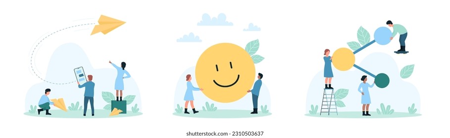 Social media set vector illustration. Cartoon tiny people send paper plane message to contact in online messenger app and connect network link, group of characters holding face emoji with smile