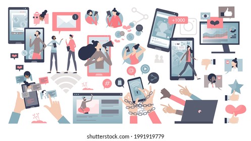 Social media set and website content followers elements collection tiny person concept. Popular network posts, like, share and stories as marketing items vector illustration. Phone usage addiction.