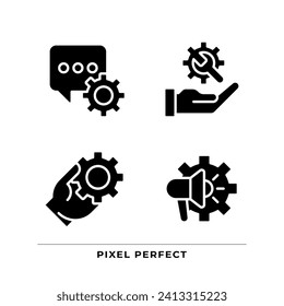 Social media settings black glyph icons set on white space. Messenger customization. Technical support. Optimization. Silhouette symbols. Solid pictogram pack. Vector isolated illustration