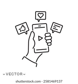 social media share icon, mobile video play, man holding smartphone in a hand and using social media network, editable stroke eps 10 vector illustration