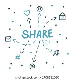 Social media: share your emotions, likes, music, letters, photos and messages. Vector illustration in cute style