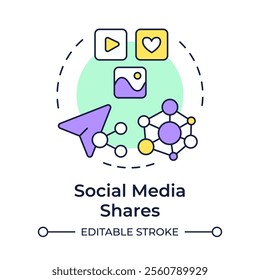 Social media shares multi color concept icon. Understanding content virality. Audience engagement metric. Round shape line illustration. Abstract idea. Graphic design. Easy to use in presentation