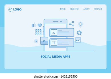 Social media, Sharing content, Chat communication, Mobile messenger, flat line vector banner illustration with icons