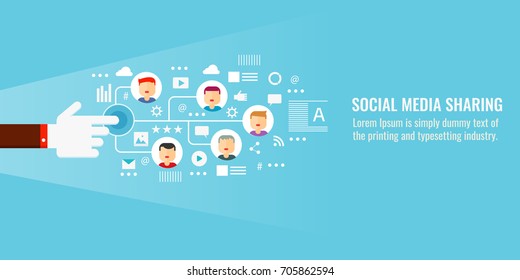 Social media sharing, social media content,  social networking, flat vector banner illustration with marketing icons isolated on light background