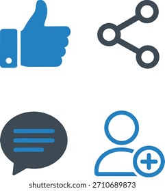 Las redes sociales y compartir iconos vectoriales con pulgares hacia arriba (Me gusta), un símbolo de compartir y burbujas de chat, que simbolizan las redes sociales, el Comentarios, la comunidad y la interacción en línea.