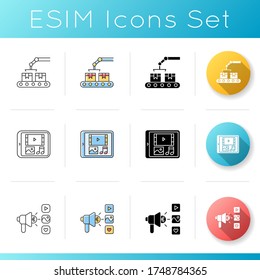 Social media shop icons set. Manufacture production. Conveyor belt with goods. Multimedia on device. Online campaign. Linear, black and RGB color styles. Isolated vector illustrations