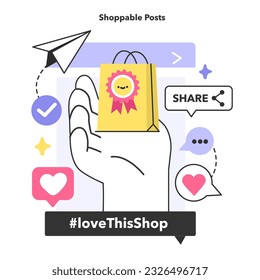 Social media shoppable post. E-commerce platform. Brand advertisement and selling with social network account. Targeted audience communication. Flat vector illustration