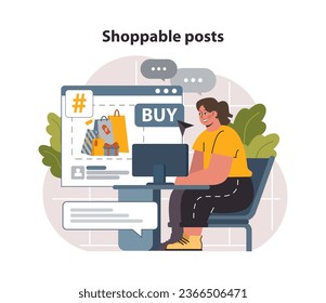 Social media shoppable post. E-commerce platform. Brand advertisement and selling with social network account. Targeted audience communication. Flat vector illustration