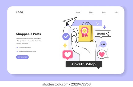 Social media shoppable post web banner or landing page. E-commerce platform. Brand advertisement and selling with social network account. Targeted audience communication. Flat vector illustration