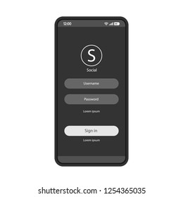Social media sign in smartphone page vector template. Mobile app interface design layout. Messenger login, sign up screen. Flat UI application. User registration. Phone display with password, username
