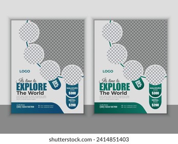 Social media site banner template design for travel-related businesses. Online marketing flyer, post, or poster for travel, tourism, or summer vacation tour including abstract graphic background and b