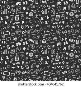 Social media sketch vector seamless pattern. Doodle chalk drawing background