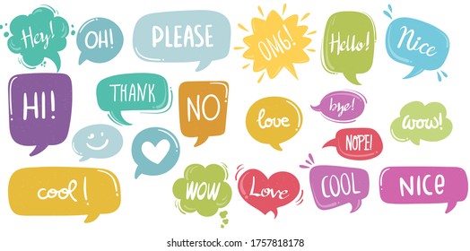 social media slang doodle logos with speech bubbles modern quotes. Trendy blog slang logos concept, fun post tag design on speech bubble. Vector illustration.