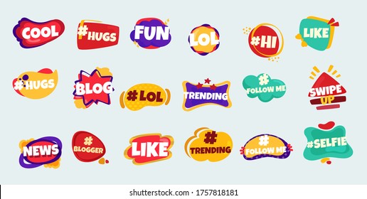 social media slang doodle logos with speech bubbles modern quotes. Trendy blog slang logos concept, fun post tag design on speech bubble. Vector illustration.