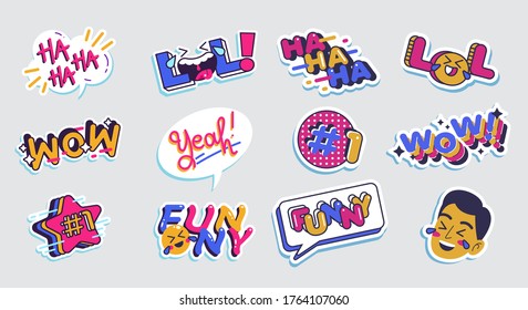 social media slang doodle logos with speech bubbles modern quotes. Trendy blog slang logos concept, fun post tag design on speech bubble. Vector illustration.