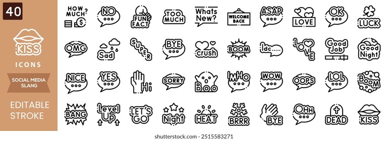 social media slang doodle logos with speech bubbles modern quotes. Trendy blog slang logos concept, fun post tag design on speech bubble. Vector illustration.