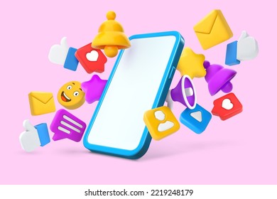 Simulacro de smartphone en medios sociales. Comunicación en línea, pantalla de dispositivo móvil con me gusta 3D, notificaciones e iconos de mensajes ilustración vectorial de la parodia en línea de smartphone