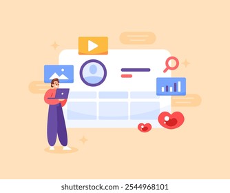 Social media specialist concept. managing and implementing social media strategies to increase audience. analyzing customer insight data on social media accounts. flat style design. element