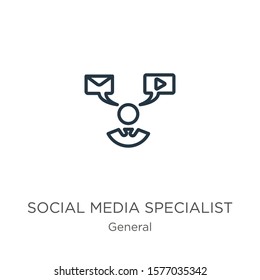Social media specialist icon. Thin linear social media specialist outline icon isolated on white background from general collection. Line vector sign, symbol for web and mobile
