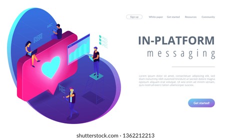 Social media specialists and analyst work with tablets and laptops and like. Social media engagement, in-platform messaging, SMM campaign concept. Isometric 3D website app landing web page template