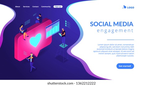 Social media specialists and analyst work with tablets and laptops and like. Social media engagement, in-platform messaging, SMM campaign concept. Isometric 3D website app landing web page template