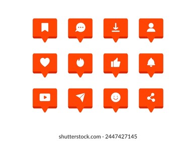 Conjunto de burbujas de discurso de medios sociales. Me gusta, comentar, compartir, Suscribirse, pulgar hacia arriba, timbre de notificación, tendencia. Ilustración plana de diseño de Vector moderno aislado en el fondo.