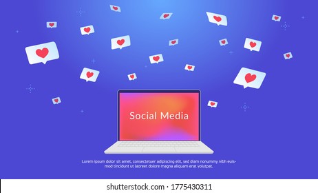 Social media speech bubbles with hearts. Concept vector illustration of flying symbols of hearts in bubbles for social media and laptop gradient screen. Bright background for promotion and networks