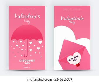 Social media splash screen layout for Valentine's Day celebration. Banners with romantic design. Ideal for wedding, event invitation, discount voucher, promo. Vector