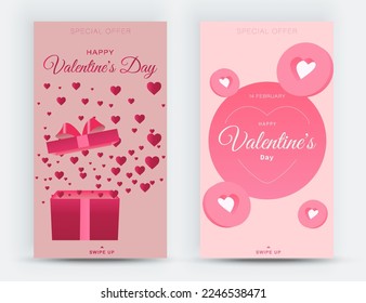 Disposición de pantalla de presentación de medios sociales para la celebración del Día de San Valentín. Pancartas con diseño romántico. Ideal para bodas, invitaciones a eventos, cupón de descuento, promoción. Vector