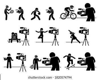 Social media sports, diet, and fitness influencers Internet video content creator pictogram. Vector illustrations of man and woman creating video by teaching sports, gym workout, and healthy eating.