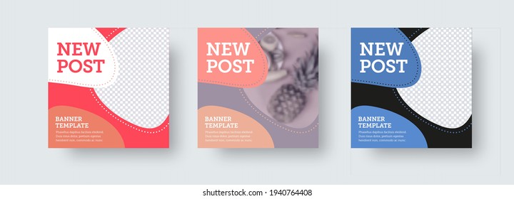 Social media square new post vector template with colorful design presentation, place for photo. Poster for newsletter, business publication. Set for promotion, advertising of the project, web banner