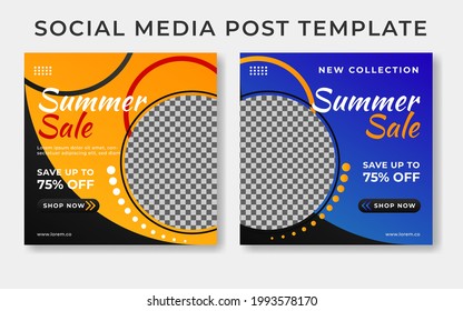 Social media square post template. Summer sale post social media for promotion, banner, cover with photo collage.