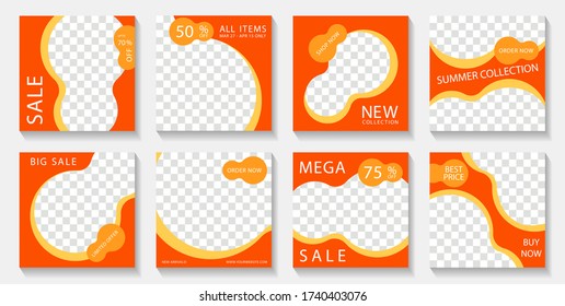 Social media square post templates design with photo frames and sale text. Marketing announcement mockups digital vector set. Sale editable banners with discount and new arrival offers. 