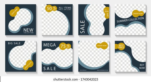 Social media square post templates design with photo frames and sale text. Marketing announcement mockups creative vector set. Sale promo banners with discount shop now offers. 