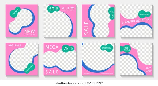 Social media square post templates design with photo frames and sale text. Marketing announcement mockups premium vector set. Sale promo banners with discount and new arrival offers. 