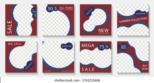 Social media square post templates design with photo frames and sale text. Marketing announcement mockups modern vector set. Sale editable banners with discount and new arrival offers. 