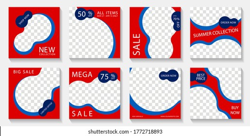 Diseño de plantillas de publicación cuadradas de medios sociales con marcos de fotos y texto de venta. El anuncio de marketing se burla del conjunto de vectores abstractos. Venta de banners editables con descuento y nuevas ofertas de llegada. 