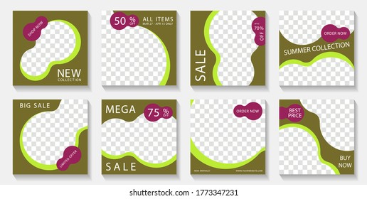 Social media square post templates design with photo frames and sale text. Marketing announcement mockups minimal vector set. Sale promo banners with discount shop now offers. 