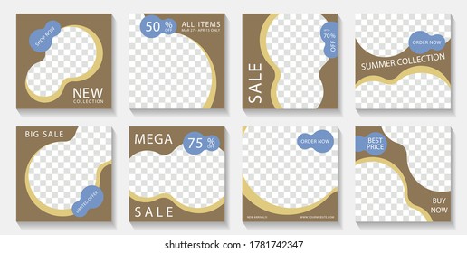Social media square post templates design with photo frames and sale text. Marketing announcement mockups premium vector set. Sale promo banners with discount and new arrival offers. 