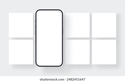 Social Media Square Posts With Smartphone. Mockup For Creative Design Showcase. Vector Illustration